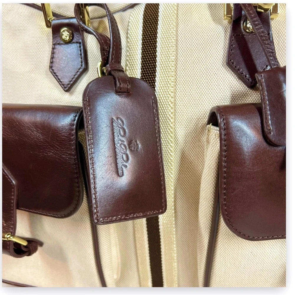 VTG Brooks Brothers Heritage Canvas Leather Travel Bag Medium Duffel Beige‎ Lock